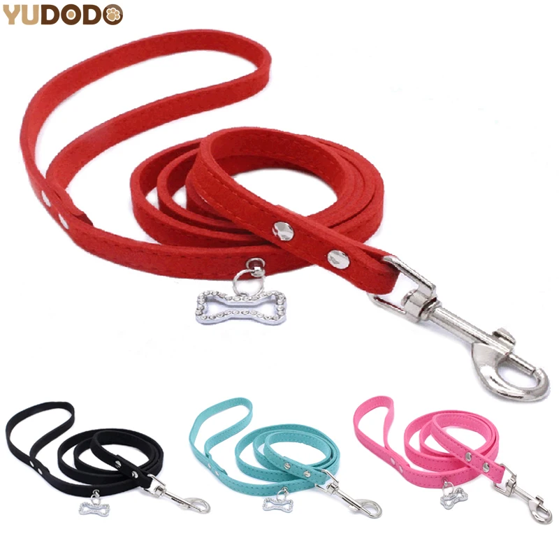 120cm Suede Leather Dog Leash Soft Puppy Cat Walking Leads With Rhinestone Bone Pendant Small Pet Supplies Outdoor Leashes