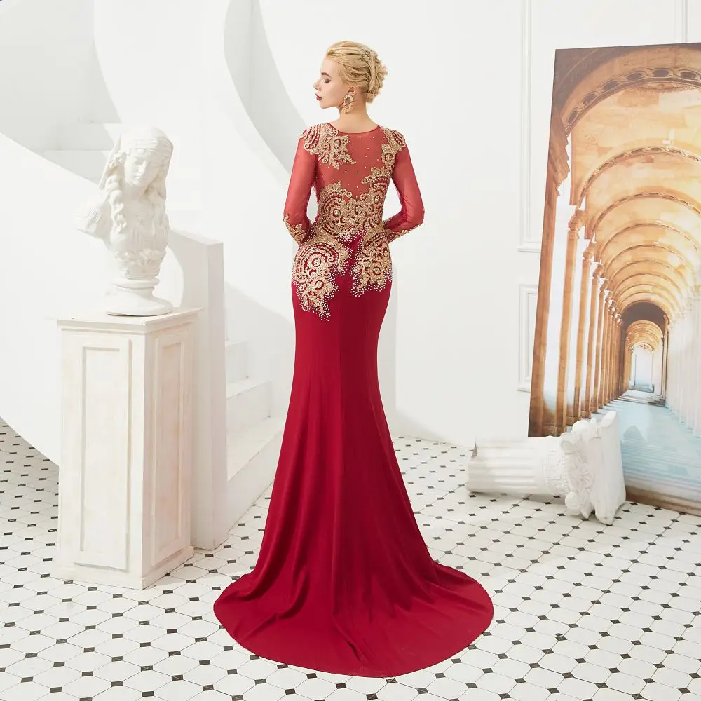 Beauty Emily Lace Beads Mermaid Evening Dress Long 2019 O Neck Full Sleeve Floor-Length Evening Party Prom Dress Formal Gowns