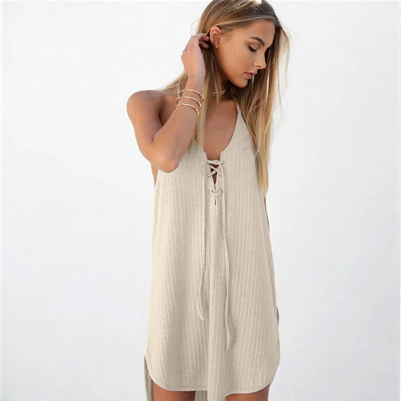 dress female sleeveless and mini beach dress khaki solid color summer 2018 sexy beach dress casual dropshipping#F#40JY313