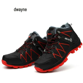 

mens casual large size steel toe caps work safety warm plush cotton shoes genuine leather winter snow ankle boots anti-puncture