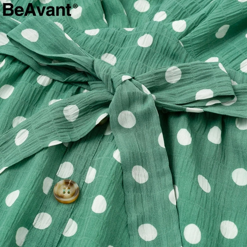 BeAvant, винтажное летнее пляжное платье в горошек, женское Короткое платье без рукавов с рюшами, повседневное зеленое платье с принтом, женские платья на пуговицах