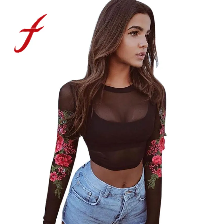 

Feitong Spring Women Sexy Crop Tops Lace Appliques Rose Mesh Long Sleeves Cropped Short Tee Shirt vetement femme camisetas mujer