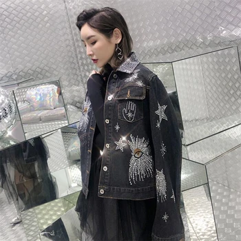 

Heavy duty hot drilling Pentagram Denim Jacket Women turndown collar Spliced Basic Jacket For Women Hot Sale Tide brand Coats