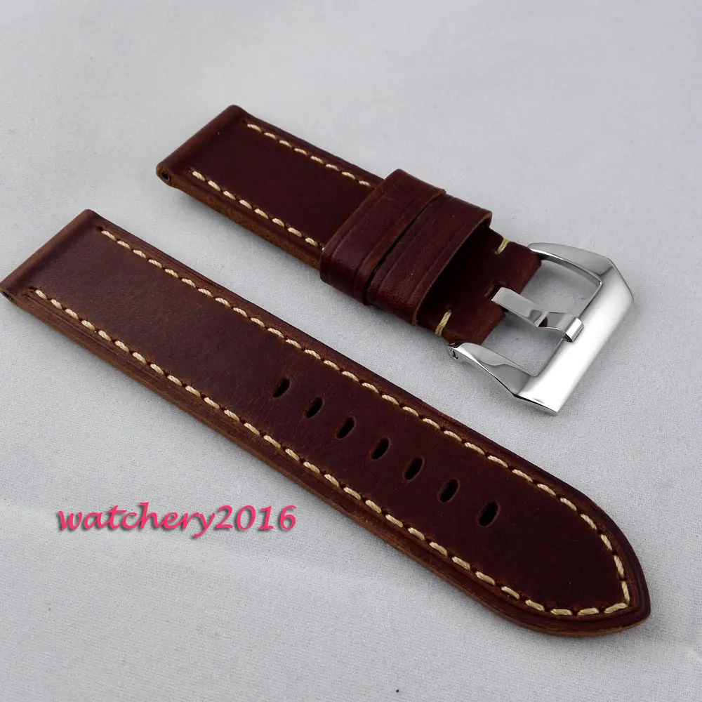 

24mm coffee heavy leather Genuine leather fit mens military parnis mens watch