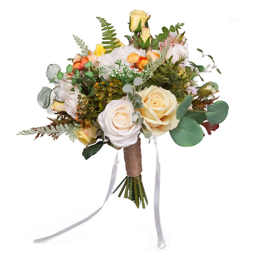 JaneVini Винтаж оранжевый розы свадебные букеты Свадебные цветы весна Искусственный шелк Белый пион Свадебный искусственный букет Trouwboeket