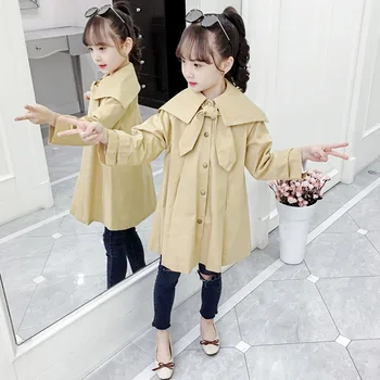 

Khaki Bow Big Baby Girls Trench Coats Clothing New 2019 Autumn Kids Long Single Breasted Cotton Jackets Children Outerwear Tops