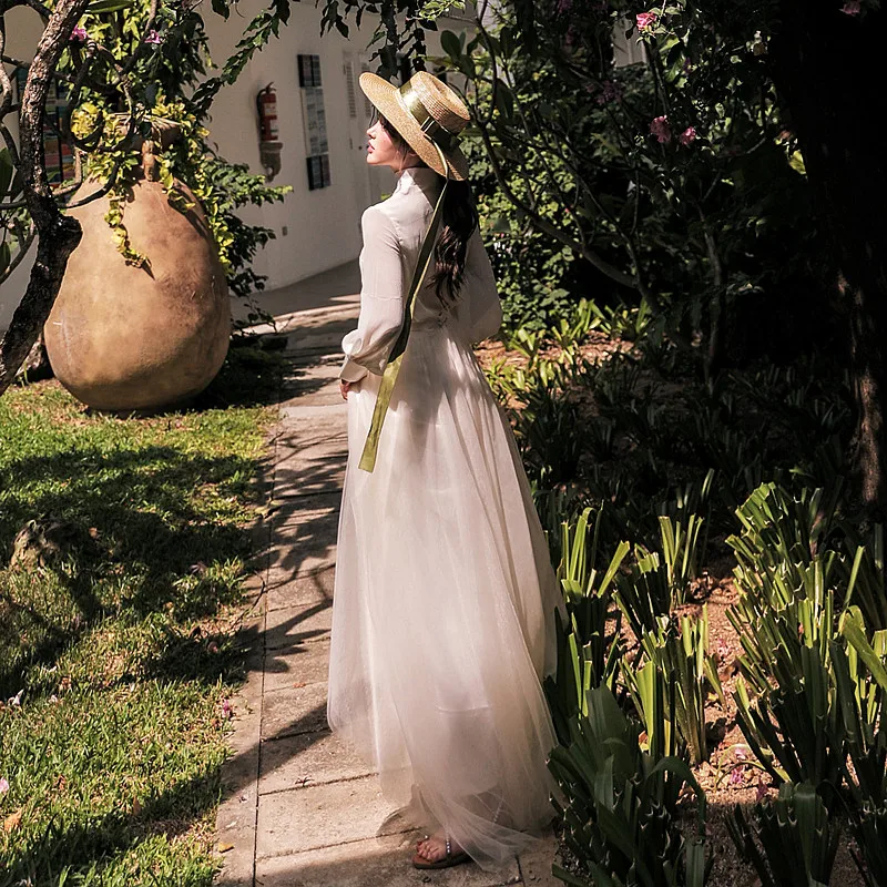 

2019 new fashion women's two piece set Spring suit French retro holiday blouse + long skirt