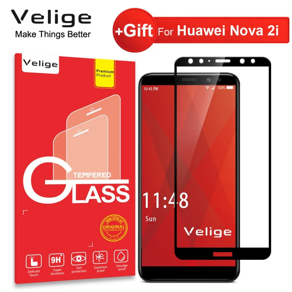 Закаленное стекло Velige с полным покрытием для Huawei Nova 2i Nova2i 2 i Защитная пленка