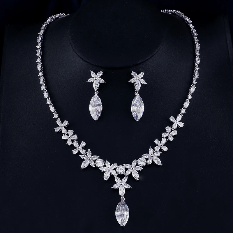 

UILZ Wedding Jewelry sets Necklace Earring set For Women Water Drop AAA zircon White ColorJewelery Gifts US347