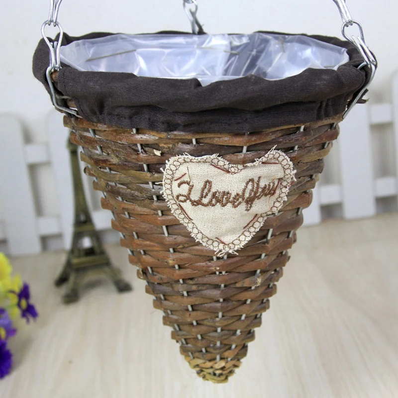 Natural Wicker Hanging Basket Flower Basket Pot Planter Rattan Vase Basket Home Garden Wall Hanging Container Rattan Vase Deco