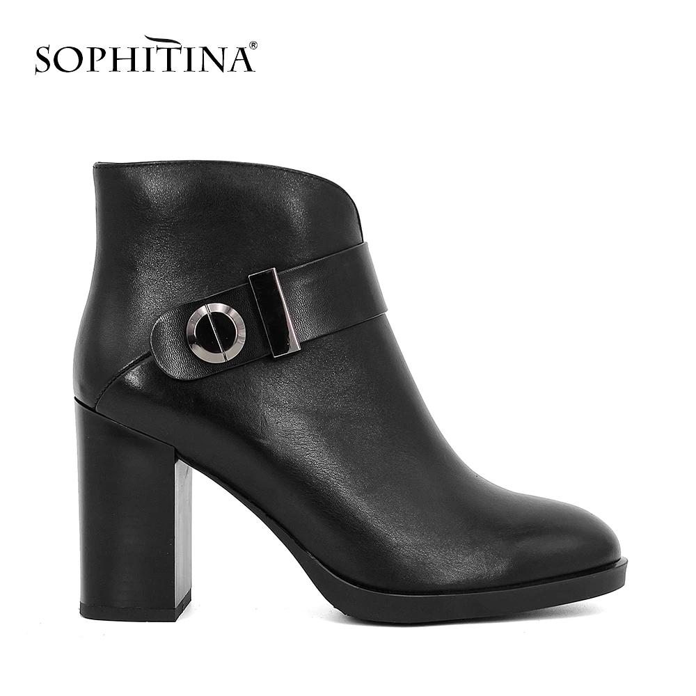 SOPHITINA/; ботильоны из коровьей кожи на молнии с круглым носком; зимняя обувь на очень высоком квадратном каблуке; модные ботинки с металлическим украшением; B36