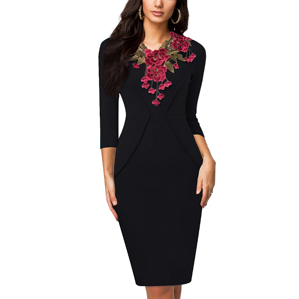 

Autumn Vintage Elegant Flower Embroidered Bodycon Women Dress Retro Rockabilly Exquisite Floral Embroidery Pencil Dresses EB330
