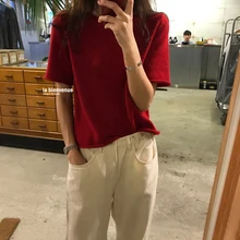 Вьющиеся отделка трикотажная футболка для женщин Топ короткий укороченный короткий рукав Femme блуза, рубашка Feminina Camisa Mujer