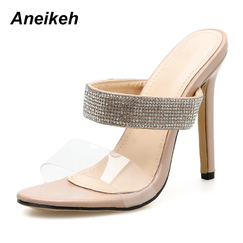 

Aneikeh Ladies Slippers 2019 New Summer Fashion Sexy Apricot Transparent Rhinestones Open Toe Shallow Mouth Wearing Slippers