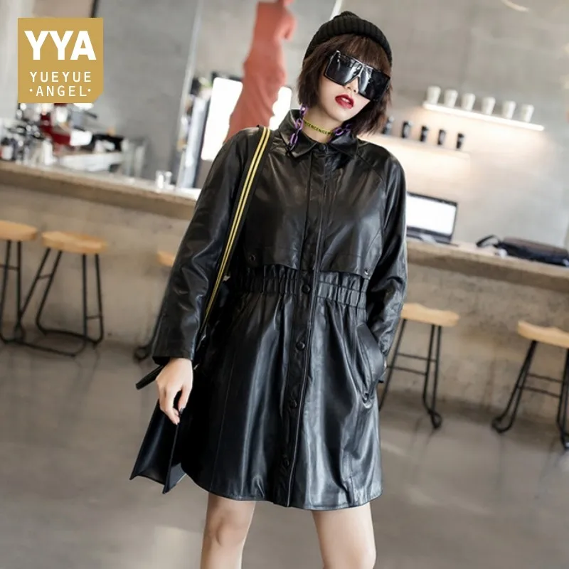 

2019 Spring Designer Elastic Waist Sheepskin Genuine Real Leather Long Jackets Women Casual Long Sleeve Leather Coats Streetwear