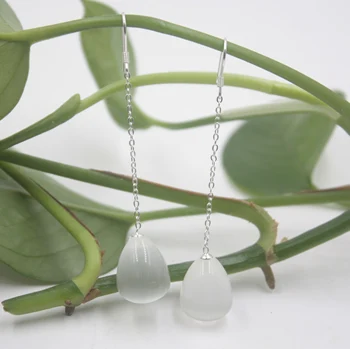 

Real Sterling S925 Silver Dangle Earrings White Cat's Eye Quartz Ball For Women Ladies Girl 65*13mm Earrings Drop Chain