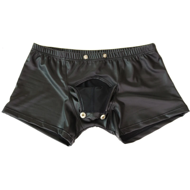 Men Faux Leather Wet Look Boxer Brief Detachable Bulge Pouch Shorts Underwear Lingerie