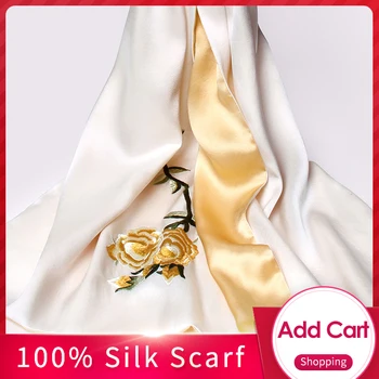 

Handmade Embroidery 100% Pure Silk Scarf Luxury 2019 Hangzhou 16 m/m Silk Shawls and Wraps for Women Natural Real Silk Scarves