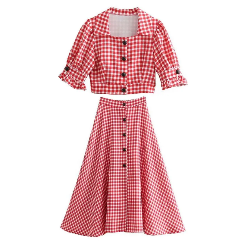 

2019 Spring French Lapel Short Gingham Plaid Shirt Red Women Short Sleeve Single-Breasted Button Blouse Casual Tops