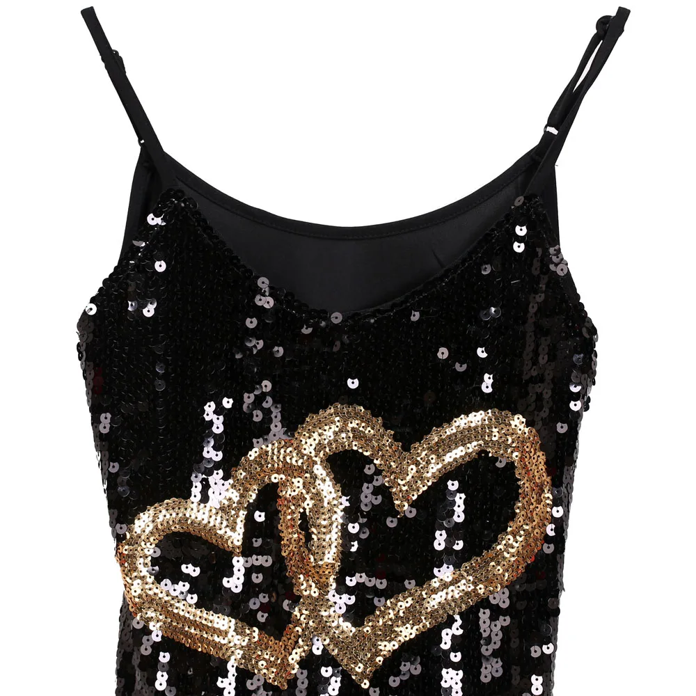 BLINGSTORY Sequin Tank Tops Glitter Tee Shirt Femme Lady Love Heart Black Party Top Club Bustier