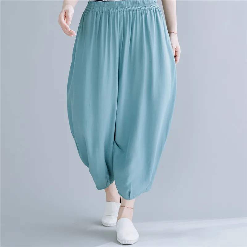 

Johnature New Summer 2019 Leisure Loose Ankle-length Pants Elastic Waist Women Simple Comfortable Solid Color Cross Pants