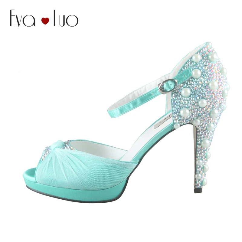 CHS625 Custom Handmade Mint Green Crystal Dress Pumps Bridal Wedding