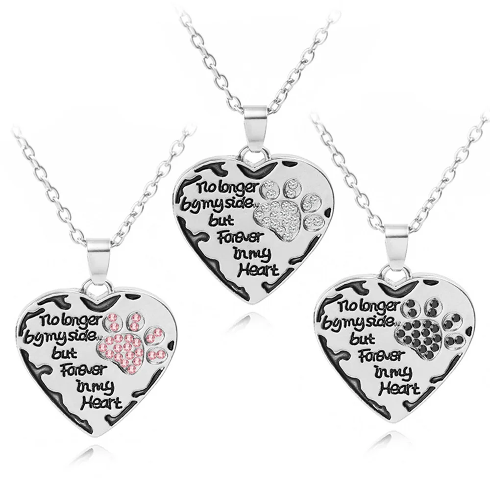 

"no longer be my side but forever in my heart" Cute Cats Dogs Paws Claw Print & Heart Crystal Necklace Bijoux Femme
