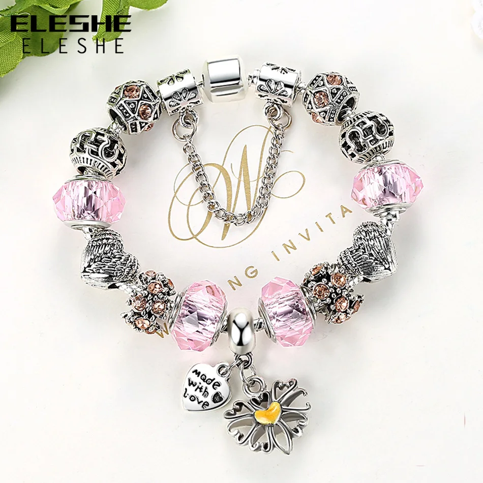 ELESHE Flower Pink Murano Glass&Crystal European Charm Beads Fits DIY Style Heart Charms Bracelets for Women