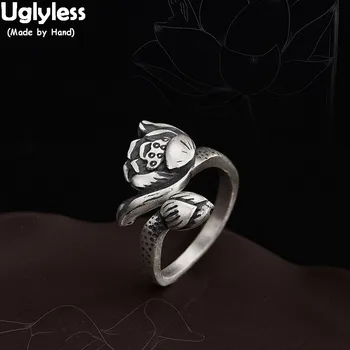 

Uglyless Real 999 Pure Silver Handmade Lotus Finger Rings for Women Ethnic Thai Silver Flowers Open Rings Traditional Jewelry