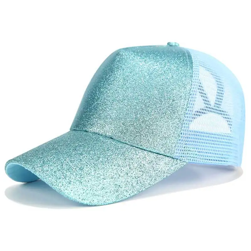 Блестящая бейсбольная кепка с конским хвостом, детские летние шапочки для девочек, хип-хоп кепка, Детская кепка с сеткой, модная кепка с булочкой - Цвет: Glitter Light blue