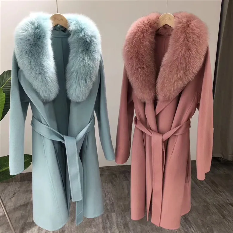 Korea style female x-long loose wool trench coat with real fox fur collar soft double-side wool outwear with belt for women