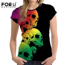 FORUDESIGNS Colorful Skull Prints T Shirt Women Casaul T-shirt Crop Top Short Sleeved Woman Summer Basic Tees Top Female Clothes