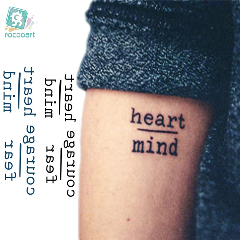 Rocooart HC1113 Водонепроницаемый временные татуировки наклейки мужество страх сердце разума Письма Дизайн переноса воды Harajuku, временная