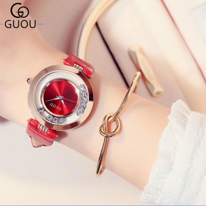 GUOU Watch Luxury Glitter Diamond Rhinestone Watch Women Watches Women's Fashion Exquisite Leather Clock saat relogio feminino