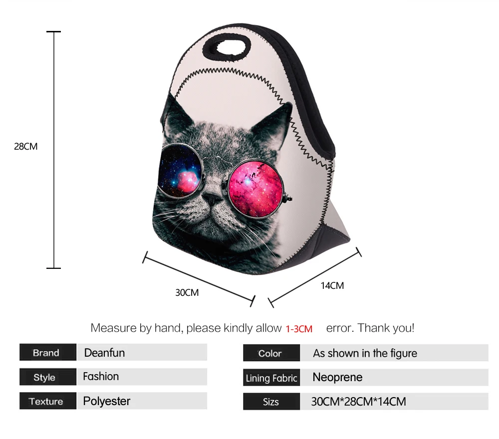 Deanfun сумки для обедов Модные женские неопреновые сумки на молнии с рисунком кота для еды посылка водонепроницаемый 50823