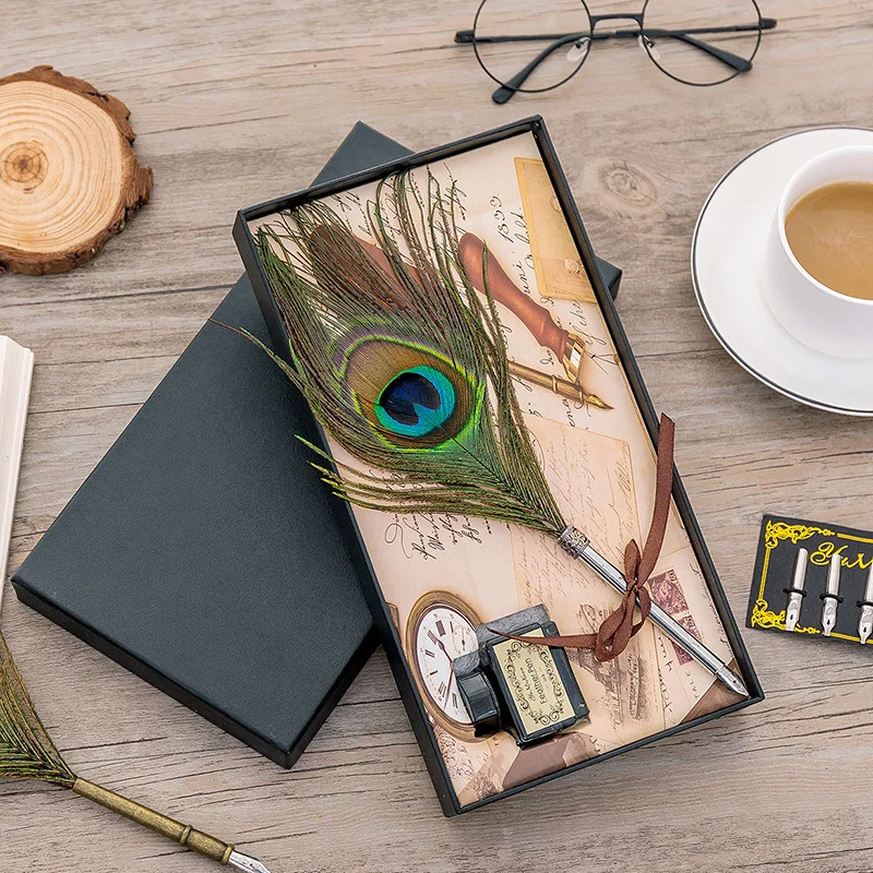 Retro European Fountain Pen Calligraphy Peacock Feather Stained with Gift Signature Stationery Set | Канцтовары для офиса и