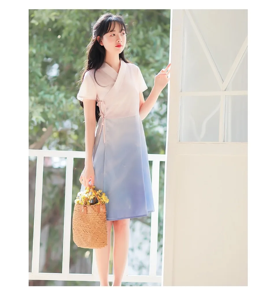 Pink Blue gradual change Print dress Retro Young girl student short sleeve dresses vestidos summer A-Line dress women