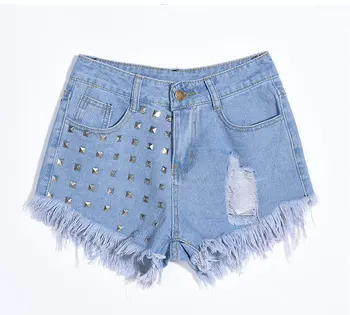 

2019 Summer European And American Fashion Rivets Denim Shorts Personality High Waist Plus Size Shorts Jeans