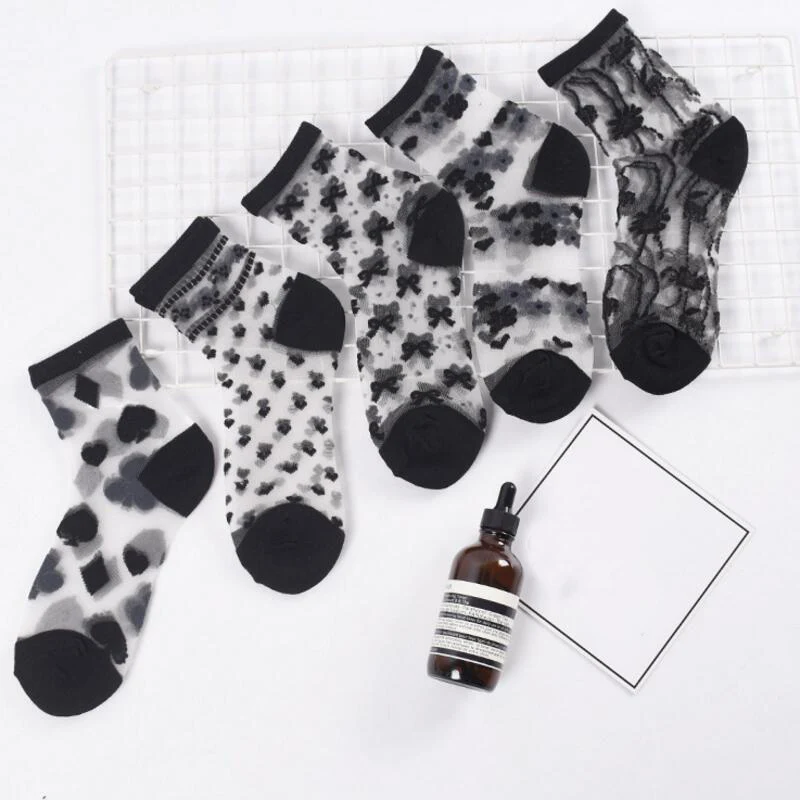 ZZIYEETTM 1 Pair Sexy Lace Mesh Fishnet Socks Women Ultrathin Transparent Crystal Silk Elastic Ankle Short | Женская одежда