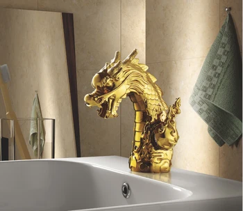 

Free shipping GOLD CLOUR SINGLE HOLE /HANDLE dragon faucet bathroom lavatory sink animal faucet