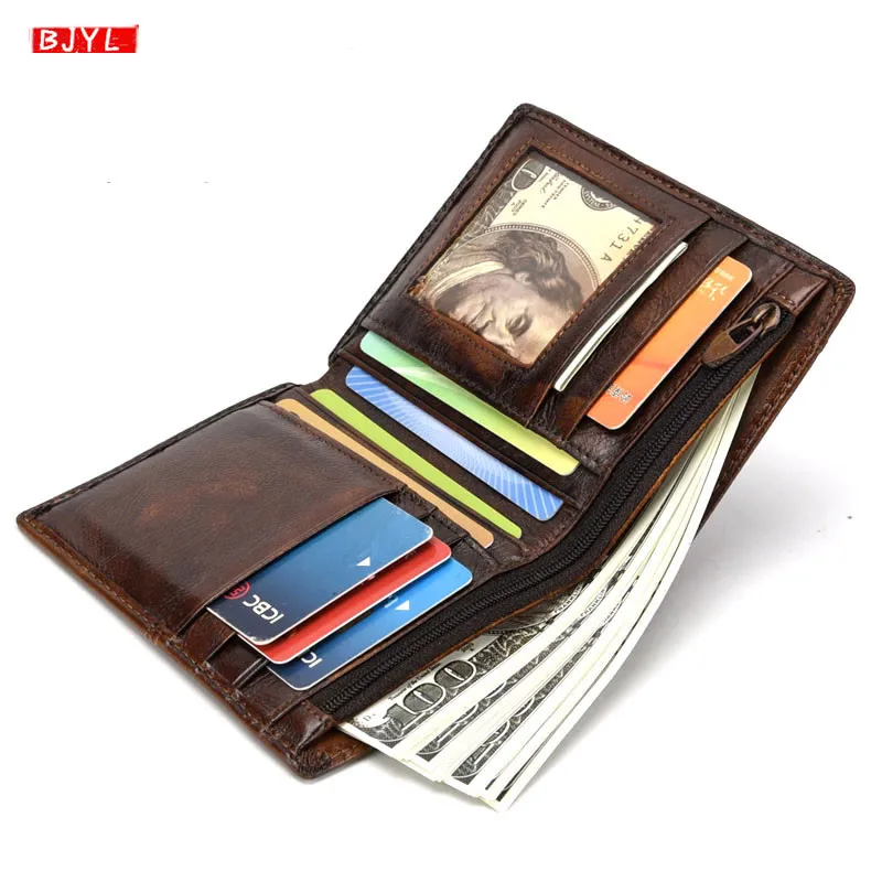 

BJYL Men's wallet multi-card top layer cowhide leather retro casual short coin purse clutch bag leather men's bag