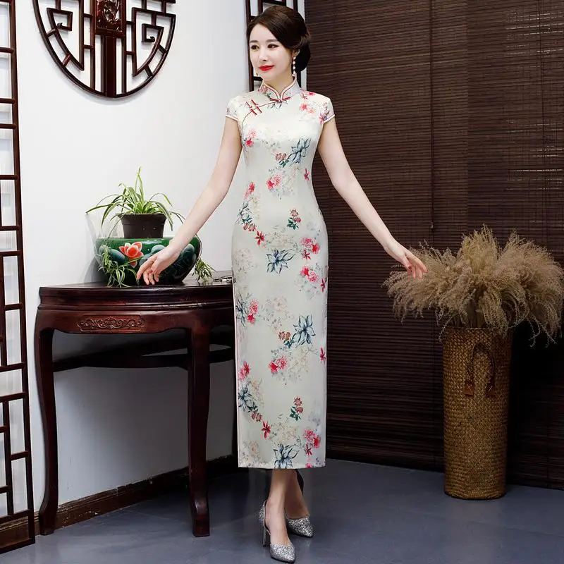 Ботильоны-Длина женский элегантный цветок печати Qipao весна короткий рукав Чонсам в ретростиле элегантный китайский вечернее платье M-5XL - Цвет: Style 9