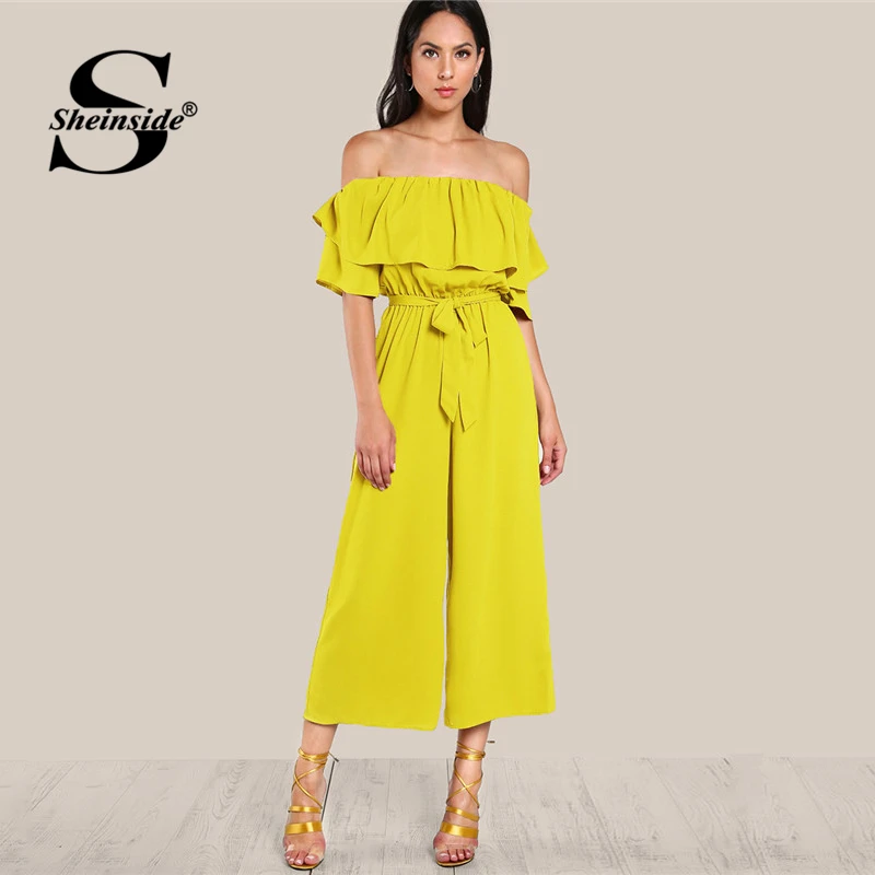 Sheinside Ruffle Off Shoulder Wide Leg Beach Jumpsuit Self Tie Belted