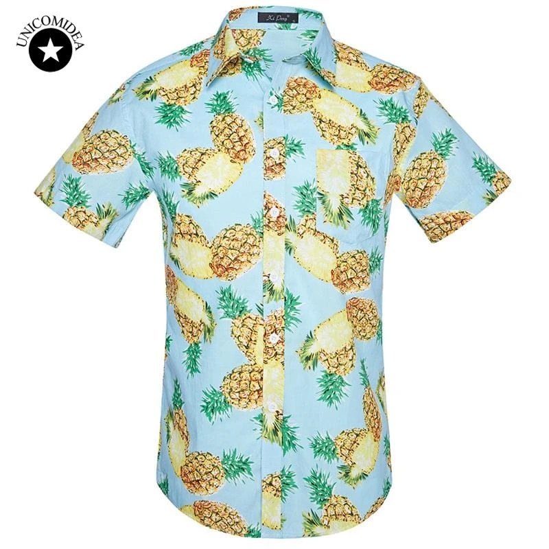 Pineapple Print Summer Beach Hawaiian Shirt Mens Short Sleeve Casual