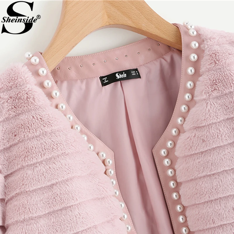 Sheinside Pink Pearl Beading Textured Faux Fur Coat Winter Collarless Cute Outerwear With Lining 2018 Womens Elegant Coats