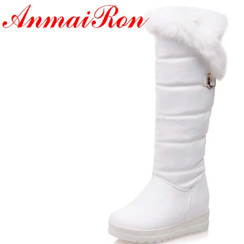 

Rabbit Round Toe Winter Boots For Women New Big Size34-42Round Toe Feathers Knee-High Boots Black Red White PU Warm Snow