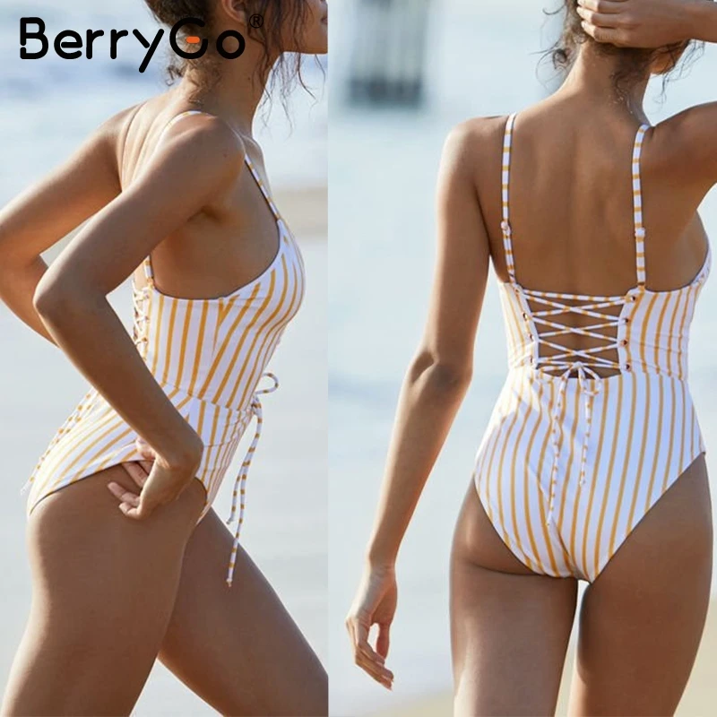 BerryGo الأزياء الرسن مخطط ارتداءها المرأة مثير انقسام عبر الدانتيل يصل حللا الصيف عارية الذراعين ربط الأصفر رومبير فام 2018