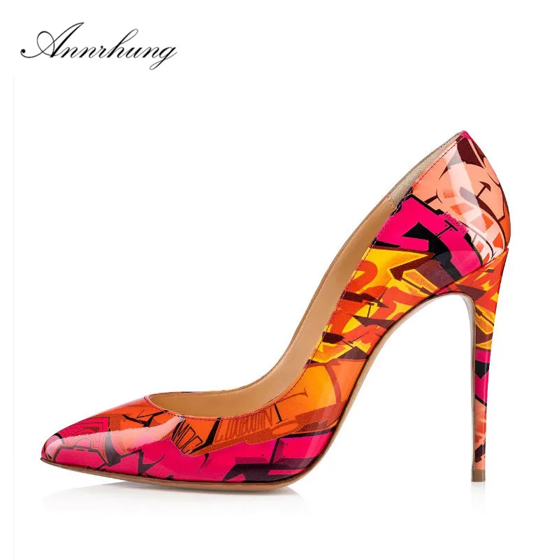 

Mixed Color Printed Stiletto Pumps Women Pointed Toe Thin Heel Patent Leather Shoes Shallow Runway Gladiator High Heels Women