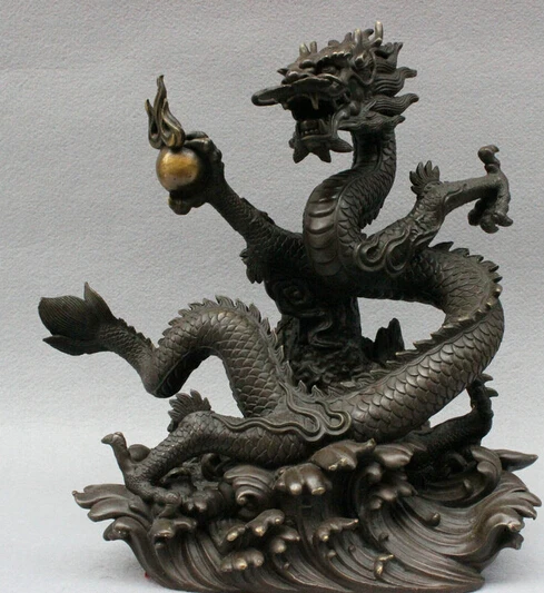 

JP S0606 13" China Pure Bronze Decoration Royal Palace Zodiac Fly Dragon Play Ball Statue