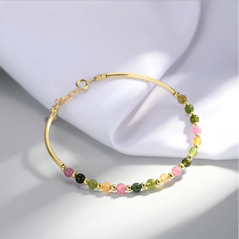 

925 Sterling Silver Bracelets For Women Fashion Bangles Korean Morganite Gold Color Bracelet Colorful Beads Jewelry Accessories